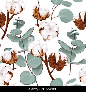 Motivo senza cuciture con fiori di cotone e rami di eucalipto. Illustrazione vettoriale botanica su sfondo bianco. Illustrazione Vettoriale