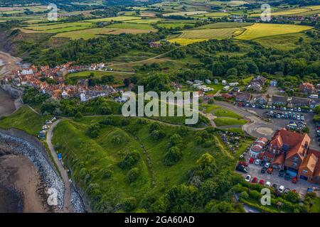 Robin Hoods Bay Aerial Photo Drone Photography Hidden Gem on the North Yorkshire Coast Tourist Trap of Yesteryear Foto Stock