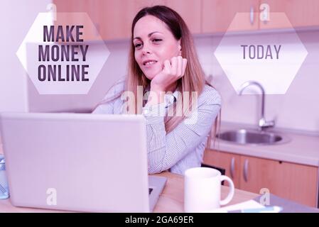 Testo manoscritto Make Money Online. Approccio di affari ottenere pagato guadagnare contanti attraverso freelancing e web marketing Condivisione esperienza attraverso Video Foto Stock