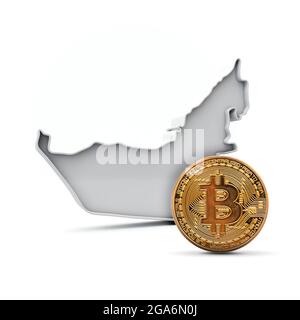 Sfondo bitcoin degli Emirati Arabi Uniti. Moneta criptovaluta con mappa. Rendering 3D Foto Stock