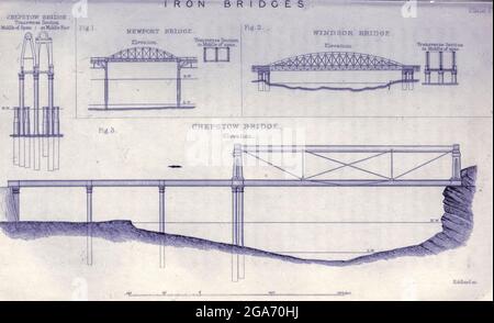 Iron Bridge design dal libro la vita del Regno di Isambard Brunel, ingegnere civile. Di Isambard Brunel pubblicato a Londra da Longmans, Green nel 1870. Isambard Kingdom Brunel FRS MInstCE (9 aprile 1806 – 15 settembre 1859) è stato un ingegnere civile inglese, considerato "una delle figure più ingegnose e prolifiche nella storia dell'ingegneria", "uno dei giganti dell'ingegneria del XIX secolo", e "una delle figure più grandi della rivoluzione industriale, [Chi] ha cambiato il volto del paesaggio inglese con i suoi disegni rivoluzionari e le ingegnose costruzioni.' Brunel costruì cantieri navali, i grandi Wes Foto Stock