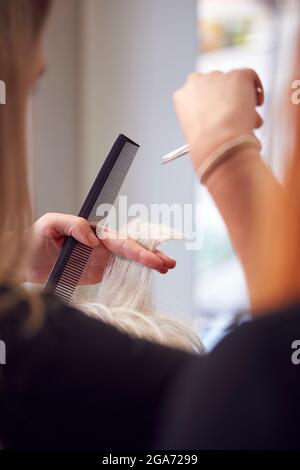 Primo piano di Senior Woman Hair Cut by Female Stylist in parrucchiere Salon Foto Stock