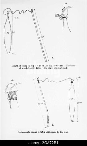 Armi e strumenti di caccia del libro ' esemplari del folklore dei Boscimani ' di Bleek, W. H. I. (Wilhelm Heinrich Immanuel), Lloyd, Lucy Catherine, Theal, George McCall, 1837-1919 pubblicato a Londra da G. Allen & Company, ltd. Nel 1911. I popoli dei San (anche Saan), o Boscimani, sono membri di vari gruppi di cacciatori-raccoglitori indigeni di lingua khoe, Tuu, o Kxʼa, che sono le prime nazioni dell'Africa meridionale, e i cui territori si estendono dal Botswana, dalla Namibia, dall'Angola, dallo Zambia, dallo Zimbabwe, Lesotho e Sud Africa. Foto Stock