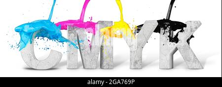 CMYK ciano magenta giallo tasto 3D illustrazione colore splash su pietra beton simbolo di lettera logo isolato su sfondo bianco. Foto Stock