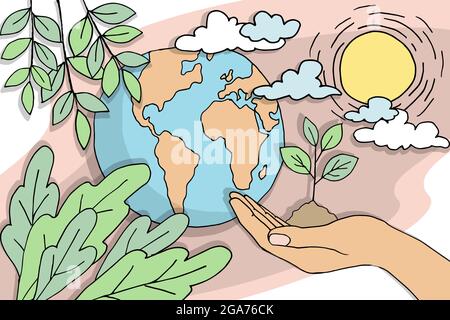 Eco Cartoon pianeta Terra la mano cura germogli di piante. Sicurezza ambientale tecnologia sostenibile energia rinnovabile. Problema di protezione della natura prelievo di carta Illustrazione Vettoriale