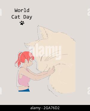 Giornata mondiale dei gatti. Divertente disegno a mano di una ragazza che tiene il suo gatto. Illustrazione di schede, poster, striscioni, etichette. Abbracci il tuo gatto. La ragazza abbraccia il gatto. Illustrazione Vettoriale