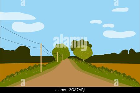 Strada vuota diritta attraverso la campagna colline verdi, cielo blu, prato. Illustrazione Vettoriale