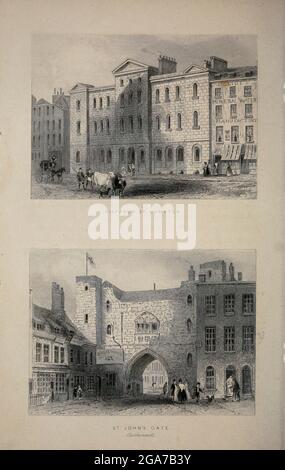 Londra Giltspur Street, Compter [top] e St. John's Gate Clerkenwell dal libro Illustrated London, o una serie di viste nella metropoli britannica e nelle sue vicinanze, incise da Albert Henry Payne, da disegni originali. Le notizie storiche, topografiche e miscellanee di Bicknell, W. i; Payne, A. H. (Albert Henry), 1812-1902 pubblicato a Londra nel 1846 da E.T. Brain & Co Foto Stock