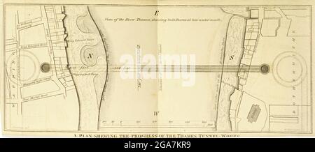 Il Thames Tunnel è un tunnel sotto il Tamigi di Londra, che collega Rotherhithe e Wapping. Misura 35 piedi (11 m) di larghezza per 20 piedi (6 m) di altezza ed è 1,300 piedi (396 m) di lunghezza, che corre ad una profondità di 75 piedi (23 m) sotto la superficie del fiume misurata con l'alta marea. È il primo tunnel conosciuto per essere stato costruito con successo sotto un fiume navigabile ed è stato costruito tra il 1825 e il 1843 da Marc Brunel e suo figlio Isambard utilizzando lo scudo tunneling recentemente inventato dal maggiore Brunel e Thomas Cochrane. Il tunnel era originariamente progettato per carrozze trainate da cavalli, ma era principalmente Foto Stock