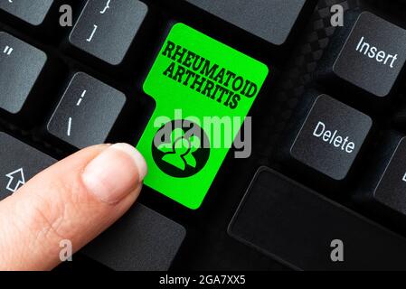 Testo manoscritto Artrite reumatoide. Business vetrina malattia cronica progressiva che causa infiammazione delle articolazioni Riassunto raccolta indagini Foto Stock