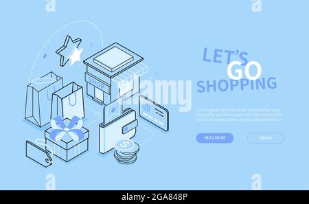 Lascia andare lo shopping - linea di disegno stile banner isometrico web. Idea di shopping classica con sfondo blu e casella di testo. Carta di credito, pagamenti in contanti, regali, Illustrazione Vettoriale