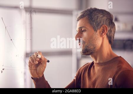 Brainstorming businessman o matematico disegno grafico calcolo su vetro schermo in ufficio Foto Stock