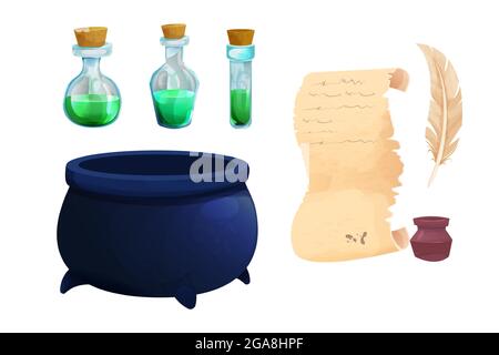 Set Magic Bottles con pozione liquida, cavolo di strega, pergamena scroll con trapillo in stile cartoon isolato su sfondo bianco. Vaso di vetro, mago spooky, risorsa di alchimia. Illustrazione vettoriale Illustrazione Vettoriale