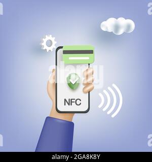 Icona della tecnologia di pagamento wireless NFC, pagamento senza contatto con telefono, segnale di comunicazione sul campo, simbolo di pagamento rapido con pass senza contatto Illustrazione Vettoriale