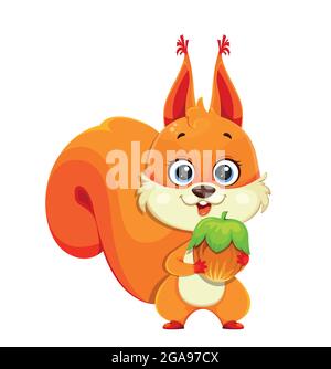 Carino lanuginoso scoiattolo che tiene noce, divertente personaggio cartoon. Illustrazione vettoriale di stock isolata su sfondo bianco Illustrazione Vettoriale