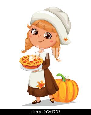 Buon giorno del Ringraziamento. Carino piccolo pellegrino ragazza cartoon personaggio tenendo dolce torta. Illustrazione vettoriale stock Illustrazione Vettoriale