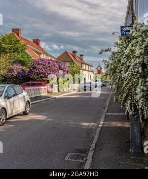 Gothenburg, Svezia - Giugno 07 2021: Un Polestar 2 parcheggiato su una strada tranquilla con piccole case e giardini fioriti Foto Stock