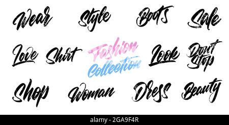 Set di parole di moda in stile letterato per la stampa e il design. Illustrazione vettoriale. Illustrazione Vettoriale