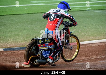 MANCHESTER, REGNO UNITO. IL 29 LUGLIO Paul Bowen inizia la pratica durante la partita della National Development League tra Belle Vue Colts e Leicester Lion Cubs al National Speedway Stadium di Manchester giovedì 29 luglio 2021. (Credit: Ian Charles | MI News) Credit: MI News & Sport /Alamy Live News Foto Stock