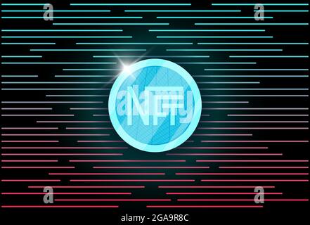 NFT token azzurro non fungibile su sfondo lineare astratto. Denaro online per acquistare poster d'arte esclusiva. Pagare per banner vettoriale da collezione unico. Illustrazione Vettoriale