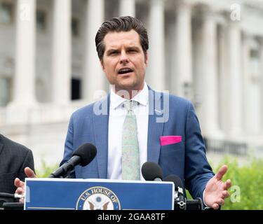 Washington, Stati Uniti. 29 luglio 2021. Il rappresentante degli Stati Uniti Matt Gaetz (R-FL) parla ad una conferenza stampa in cui i repubblicani della Camera hanno parlato della detenzione di coloro che sono stati arrestati per crimini di cui sono accusati in relazione all'insurrezione il 6 gennaio presso il Campidoglio degli Stati Uniti. Credit: SOPA Images Limited/Alamy Live News Foto Stock