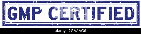 Grunge blu GMP (buona pratica di fabbricazione) certificato sigillo di gomma quadrata su sfondo bianco Illustrazione Vettoriale