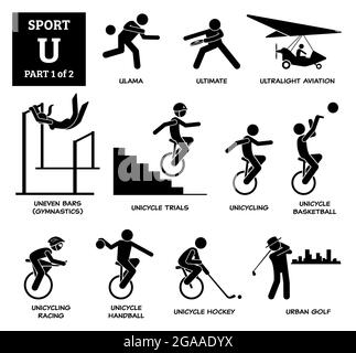 Giochi di sport alfabeto U icone vettoriali pittogramma. Ulama, ultimate, aviazione ultraleggera, ginnastica a barre disomogenee, prove monocicli, unicycling, monociclo bask Illustrazione Vettoriale