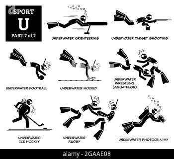 Giochi di sport alfabeto U icone vettoriali pittogramma. Orientamento subacqueo, tiro al bersaglio, calcio subacqueo, hockey, wrestling, hockey su ghiaccio sott'acqua Illustrazione Vettoriale
