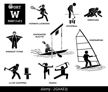 Giochi sportivi alfabeto W icone vettoriali pittogramma. Donna lacrosse, woodball, wrestling, wingsuit volanti, slalom whitewater, windsurf, tritare il legno, an Illustrazione Vettoriale