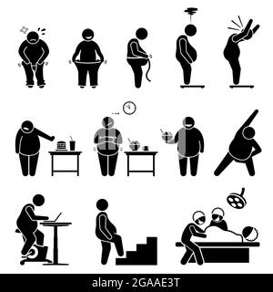 Grasso uomo perdita di peso dieta di esercizio e stile di vita sano per diventare più sottile. Illustrazioni vettoriali rappresentano un uomo obeso su scala di peso, indossando pantaloni, ea Illustrazione Vettoriale