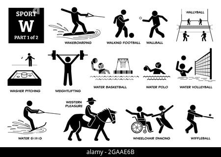 Giochi sportivi alfabeto W icone vettoriali pittogramma. Wakeboarding, Walking football, wallyball, washpitching, basket in acqua, polo, pallavolo, sci, Illustrazione Vettoriale