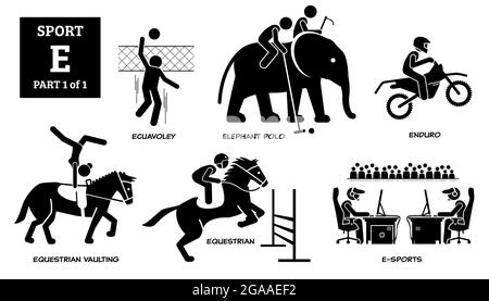 Giochi di sport alfabeto e icone vettoriali pittogramma. Equadoley, polo degli elefanti, enduro, vaulting equestre, equestre, E-sport. Illustrazione Vettoriale