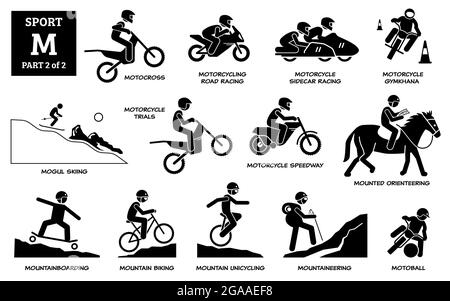 Giochi di sport alfabeto M icone vettoriali pittogramma. Motocross, motociclismo su strada, sidecar, gymkhana, sci di mogul, prove motociclistiche, speedway, moun Illustrazione Vettoriale