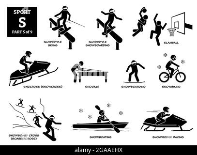 Giochi di sport alfabeto S icone vettoriali pittogramma. Sci Slopestile snowboard, slamball, snoscross, snooker, snowboard, snowbike, snowboard cross, Illustrazione Vettoriale