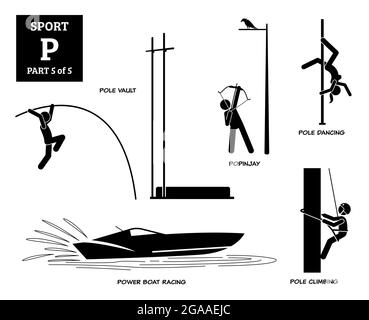 Giochi di sport alfabeto P icone vettoriali pittogramma. Pole vault, popinjay, pole dance, corse di motoscafi e pole climbing. Illustrazione Vettoriale