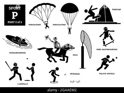 Giochi di sport alfabeto P icone vettoriali pittogramma. Parapendio, paracadutismo, parkour, paddleboard, pato, park skateboard, pesapallo, bocce e p. Illustrazione Vettoriale
