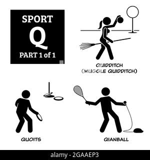 Giochi sportivi alfabeto Q icone vettoriali pittogramma. Quidditch, quidditch, quoits e qianball. Illustrazione Vettoriale
