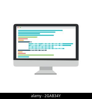 Calcolatore con codice sullo schermo su sfondo blu. Concetto di codifica Illustrazione Vettoriale