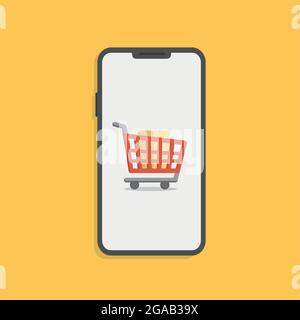 Concetto di shopping online con smartphone e carrello isolati in giallo. Scorte Illustrazione Vettoriale
