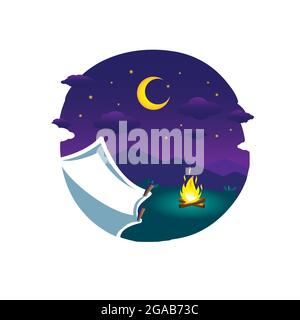 Campeggio a notte flat vettore illustrazione Illustrazione Vettoriale