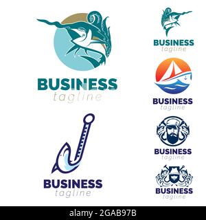Set di logo a tema pesca, pesca e vela. Vector Illustrazione Vettoriale