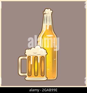 Bicchiere da birra e bottiglia immagine vettoriale in stile vintage per elementi di design, ad esempio poster con logo o altri scopi Illustrazione Vettoriale