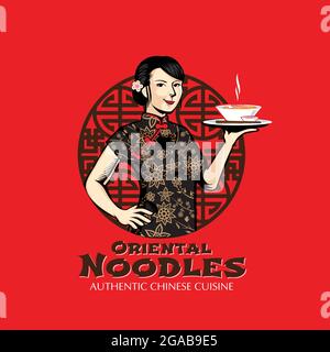 Illustrazione vettoriale di Chinese Lady e Oriental Noodles Illustrazione Vettoriale