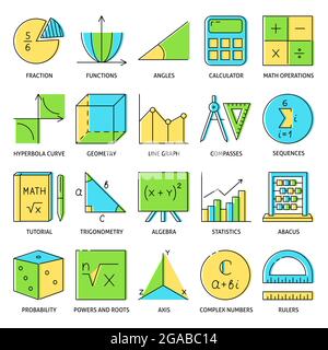 Icona matematica impostata in stile di linea colorato. Raccolta di simboli ed espressioni matematiche. Illustrazione vettoriale. Illustrazione Vettoriale