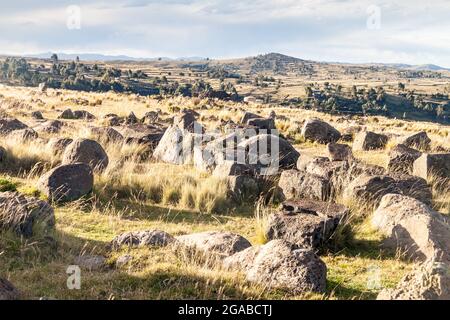 Rovine di torri funerarie a Sillustani, Perù Foto Stock