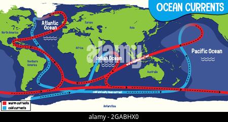 Le correnti oceaniche sulla mappa del mondo illustrazione di sfondo Illustrazione Vettoriale