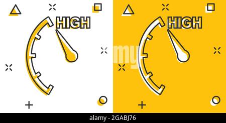 Icona cartoon di alto livello in stile fumetto. Pittogramma indicatore tachimetro, indicatore contagiri. Concetto di business splash misuratore di rischio. Illustrazione Vettoriale