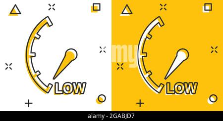 Icona a basso livello di fumetti in stile fumetto. Pittogramma indicatore tachimetro, indicatore contagiri. Concetto di business splash misuratore di rischio. Illustrazione Vettoriale