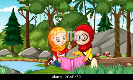 I bambini musulmani indossano abiti tradizionali leggendo un libro nell'illustrazione della scena della foresta Illustrazione Vettoriale
