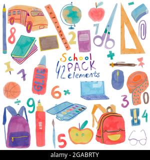 Back to School grande collezione con diverse cancelleria e forniture scolastiche. Pittura ad acquerello disegnata a mano clip art elementi per il design. Foto Stock